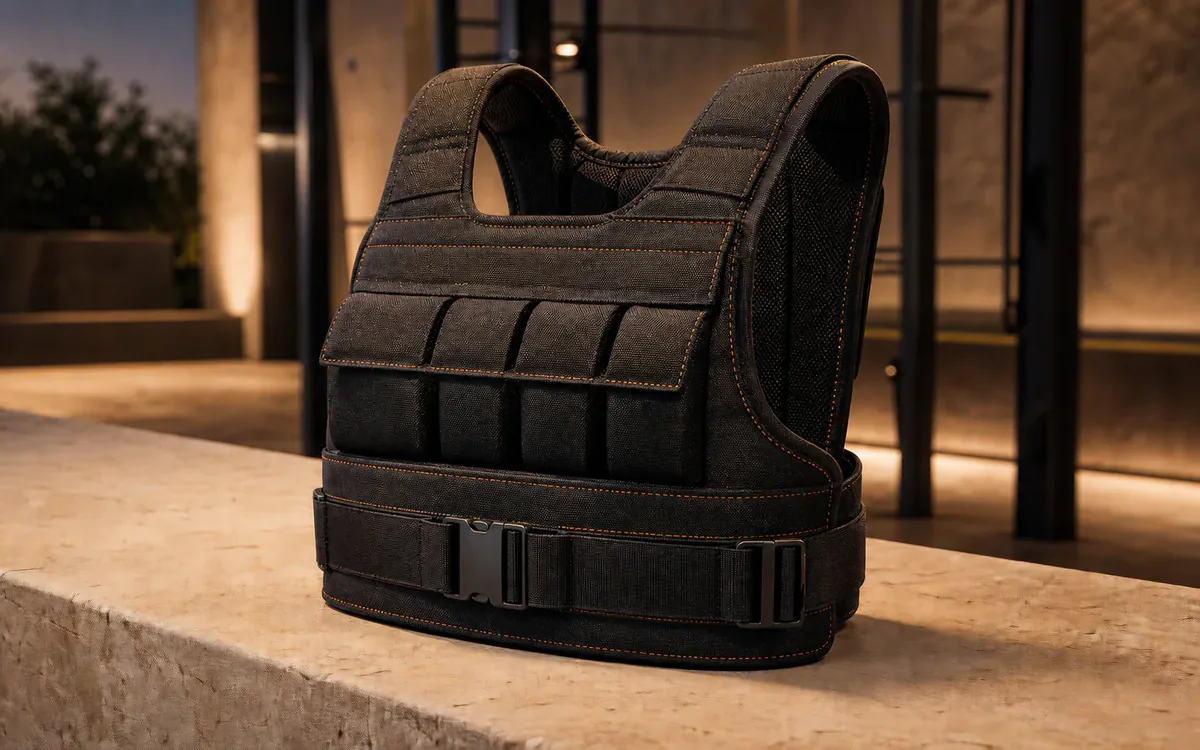 Gilet lesté noir présenté sur un socle minéral
