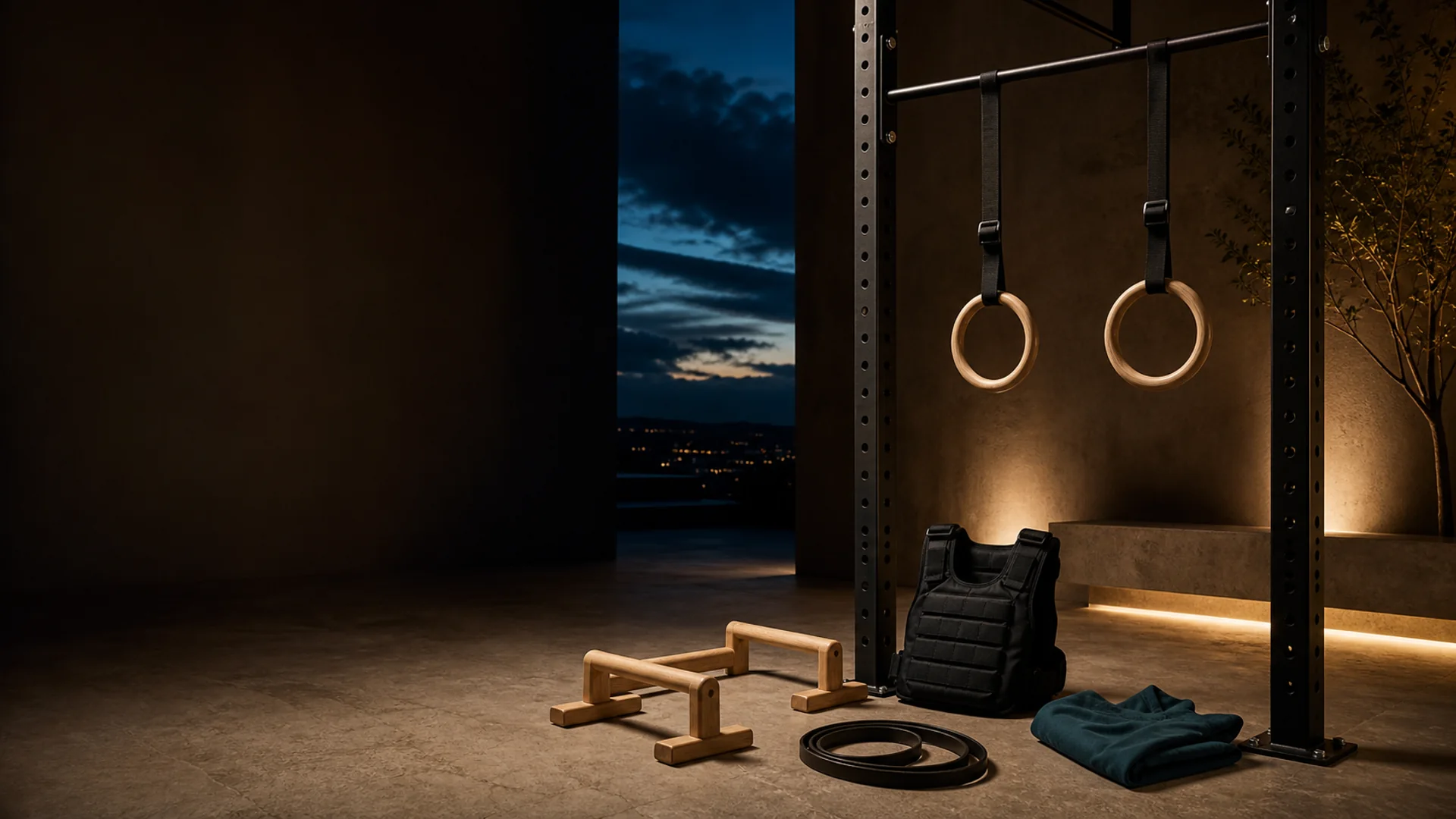Espace de callisthénie premium avec barre, anneaux, parallettes et gilet lesté