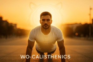 Athlète en push-up au coucher du soleil – programme calisthenics PDF WO avec esprit Tiger