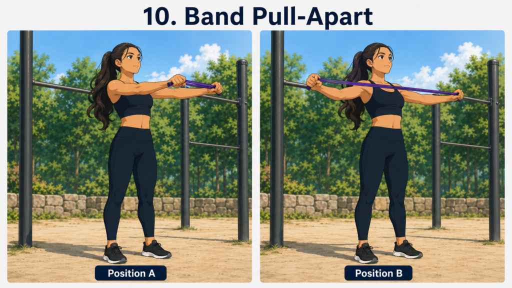 exercices avec élastique 14 | WO-Calisthenics Illustration technique des Band Pull Apart par Naïa - Position débout Élastique tendu en écartant les bras et en les décontractants