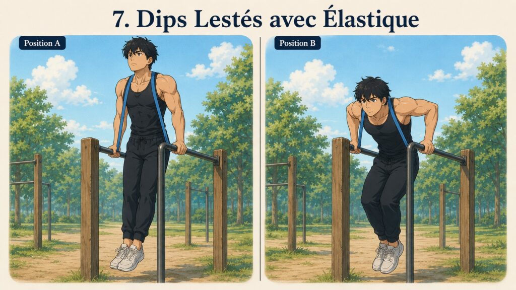 exercices avec élastique 11 | WO-Calisthenics Illustration technique des dips avec élastique par Kaï - Position dips bas et en haut avec Kaï