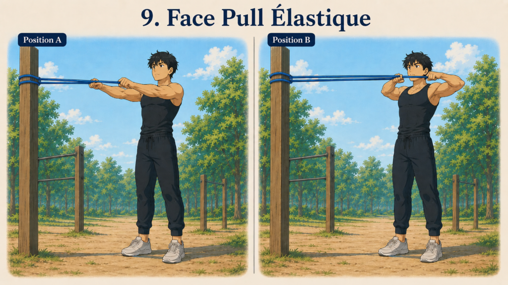 exercices avec élastique 13 | WO-Calisthenics Illustration technique des Face Pull Élastique élastique par Kaï - débout et position des bras décontractés et contractés où l'élastique est tendu au maximum