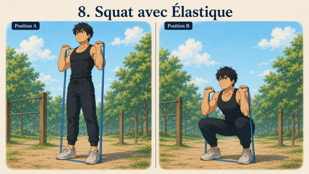 exercices avec élastique 12 | WO-Calisthenics Illustration technique des squats avec élastique par Kaï - Position squat en bas et relevé où l'élastique est tendu à son maximum