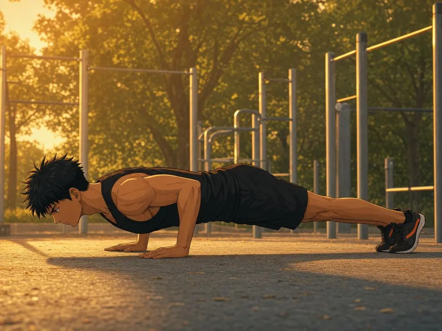 | WO-Calisthenics Pompe (push-up) en position basse : corps aligné de la tête aux talons, coudes fléchis près du buste — WO-Calisthenics