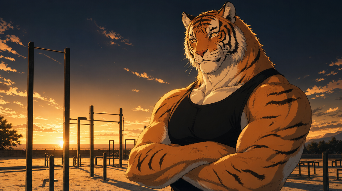 wo-calisthenics 1 | WO-Calisthenics Tiger, mentor de WO-Calisthenics, bras croisés dans un parc de street workout au coucher du soleil — illustration anime premium