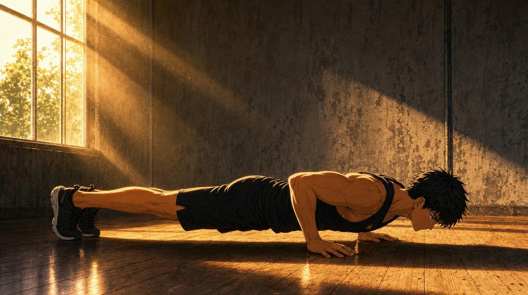 callisthénie militaire 2 | WO-Calisthenics Kaï en position basse de pompe vue de profil, corps aligné des talons à la nuque et coudes serrés à environ 45 degrés du buste