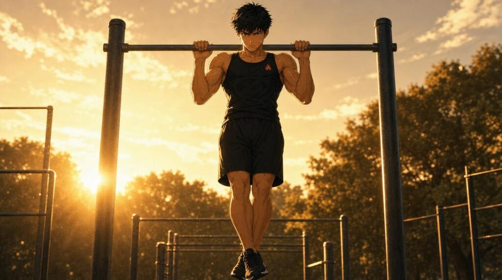 callisthénie militaire 1 | WO-Calisthenics Kaï en callisthénie militaire au sommet d'une traction stricte, menton au-dessus de la barre et épaules basses, au coucher du soleil