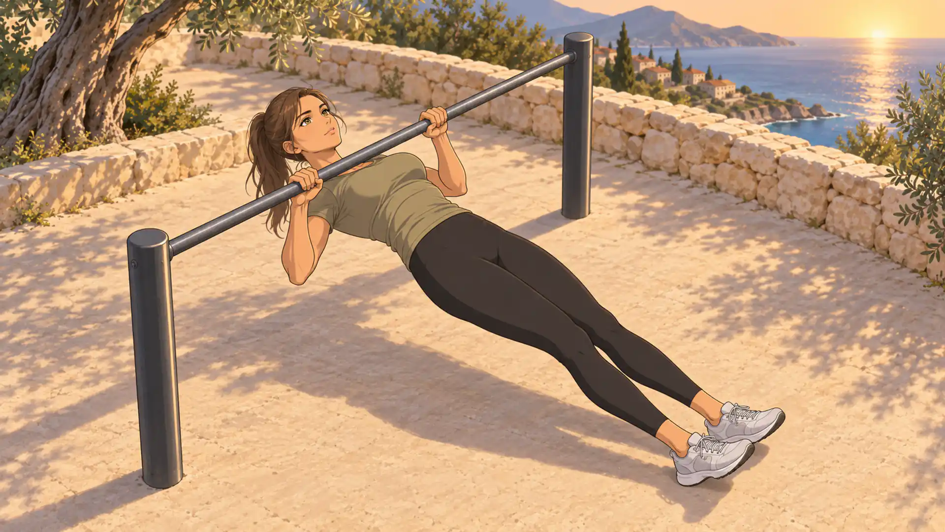 callisthénie militaire 5 | WO-Calisthenics Naïa en traction australienne sous une barre basse, corps aligné des épaules aux talons