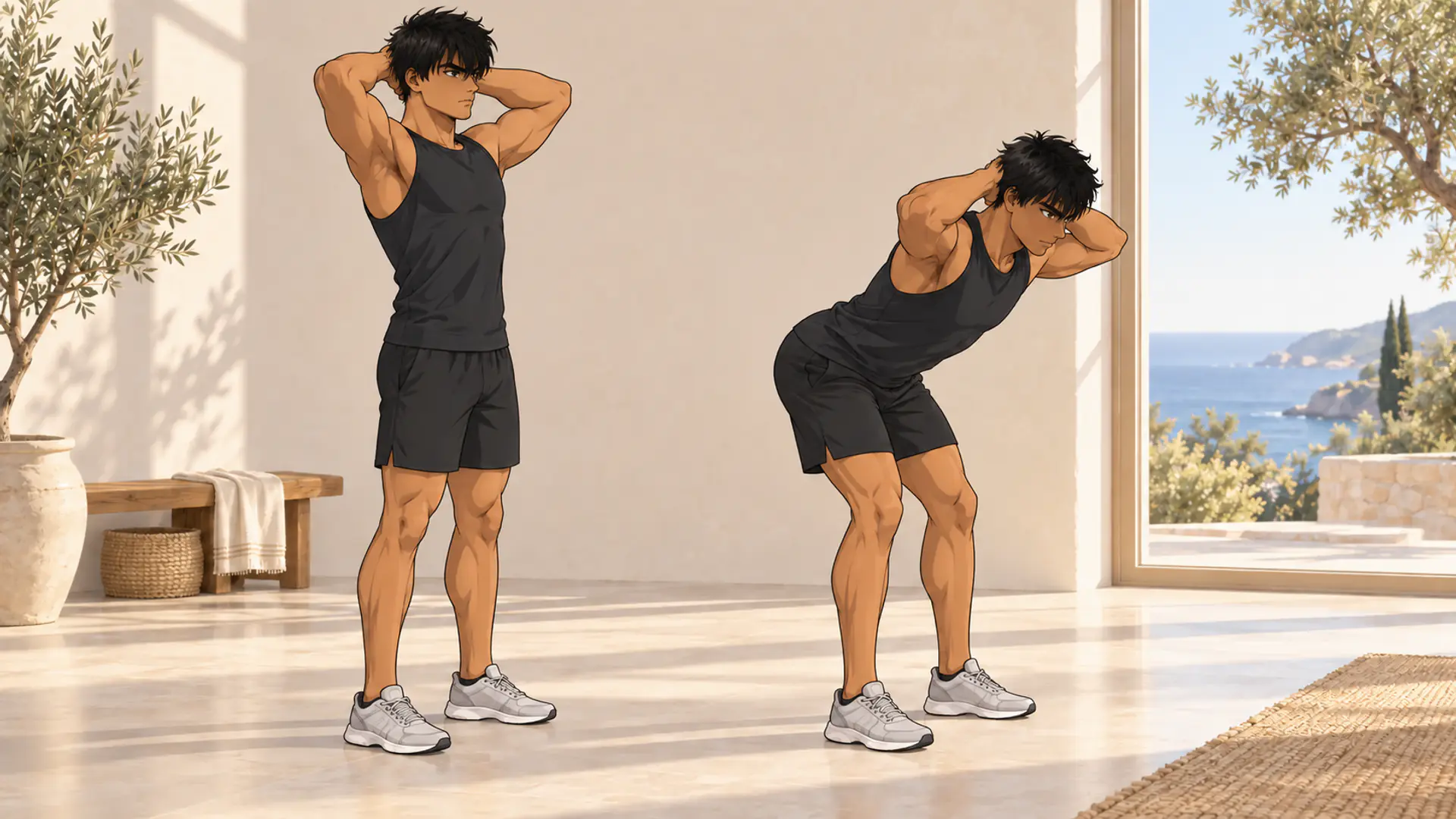 exercices dos sans matériel 16 | WO-Calisthenics Kaï exécute un good morning au poids du corps, mains derrière la nuque et dos plat