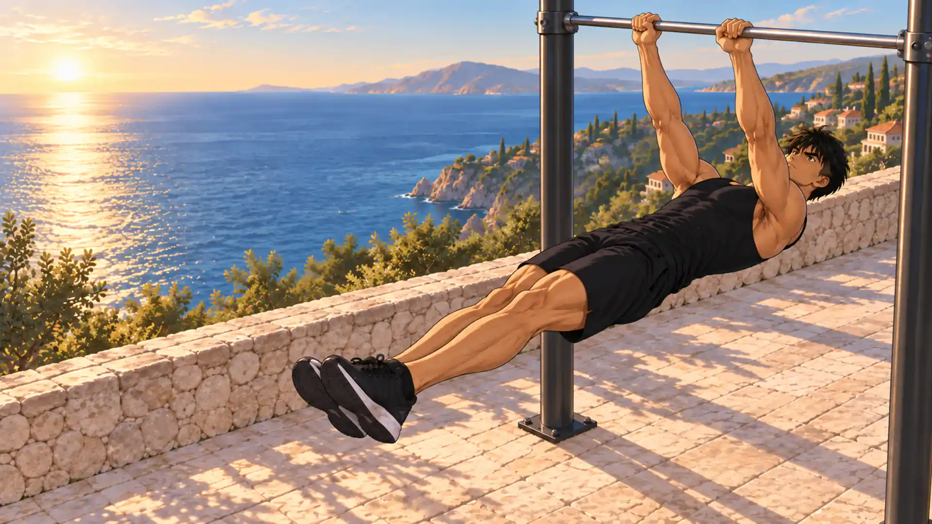 Kaï tient un front lever complet sous une barre de traction