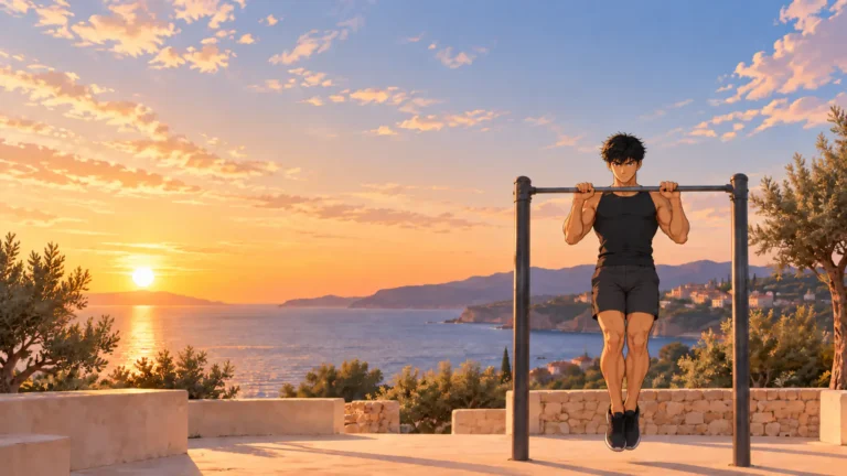 Kaï en haut d'une traction, menton au-dessus de la barre, dans un parc de street workout