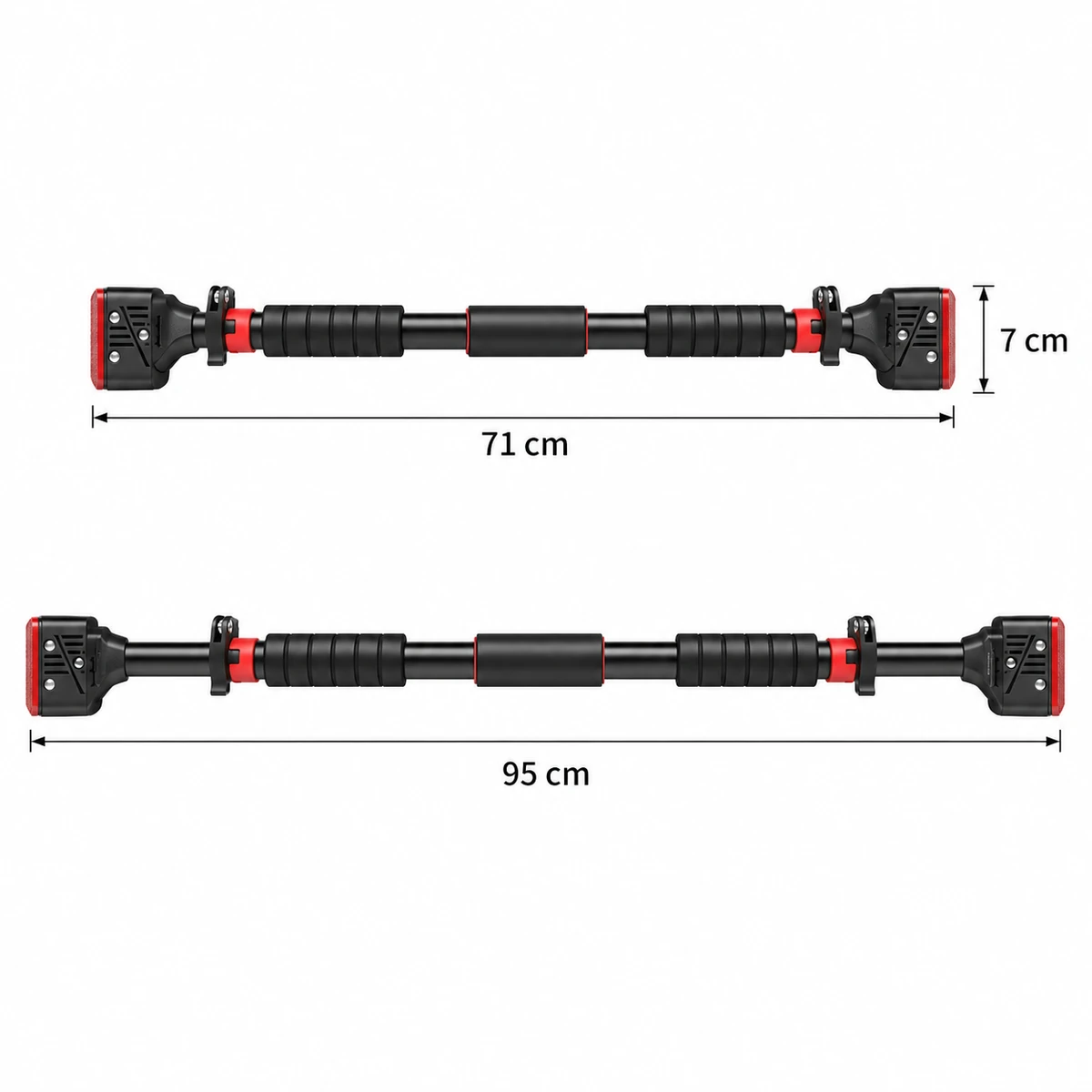barre de traction entre deux murs 2 | WO-Calisthenics Schéma de la barre Wall Grip Pro avec les longueurs 71 cm et 95 cm et la cote verticale fournisseur de 7 cm.