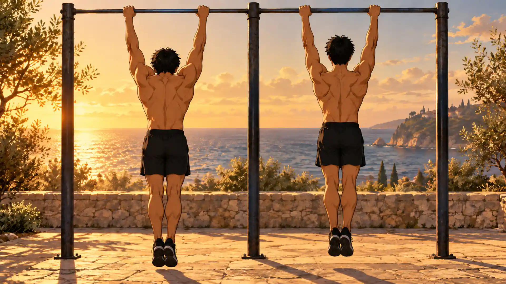 dead hang 3 | WO-Calisthenics Kaï vu de dos en dead hang passif, épaules vers les oreilles, puis en suspension active, épaules abaissées