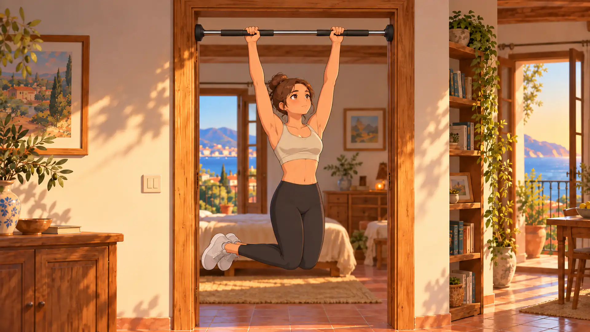 dead hang 4 | WO-Calisthenics Léa en dead hang à une barre de traction de porte, genoux pliés et chevilles croisées pour ne pas toucher le sol