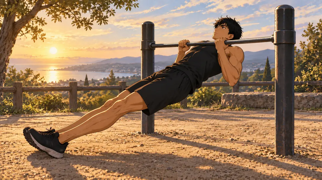 tractions 4 | WO-Calisthenics Kaï en traction australienne sous une barre basse, talons au sol et poitrine près de la barre