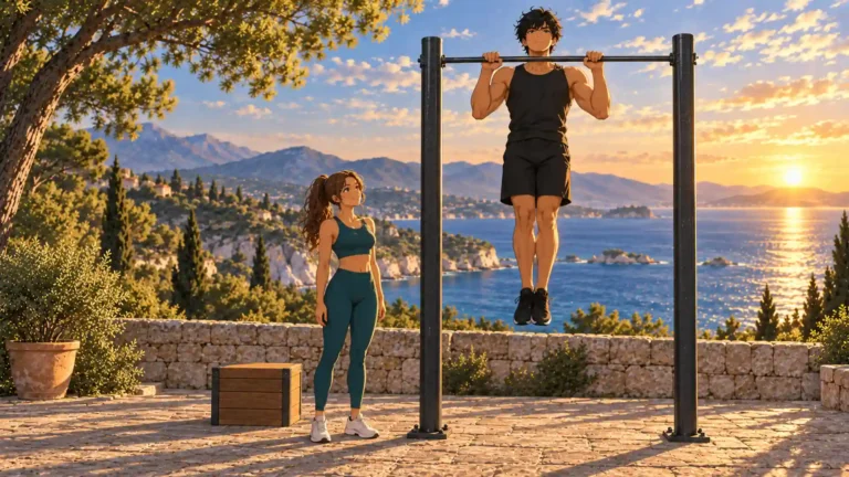 Kaï au sommet d’une traction en pronation, menton au-dessus de la barre, avec Naïa à ses côtés.
