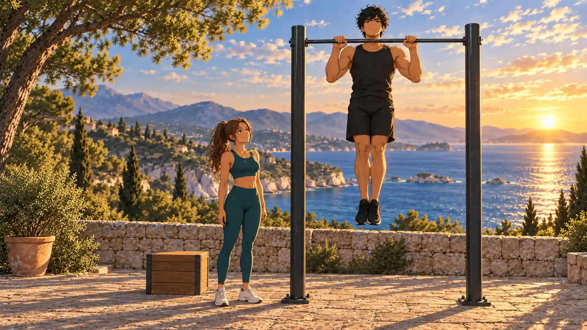Kaï au sommet d’une traction en pronation, menton au-dessus de la barre, avec Naïa à ses côtés.