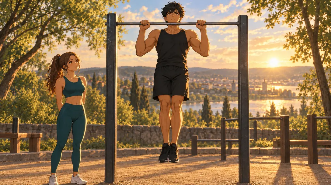 Kaï au sommet d'une traction stricte (pull-up), menton au-dessus de la barre, avec Naïa à ses côtés