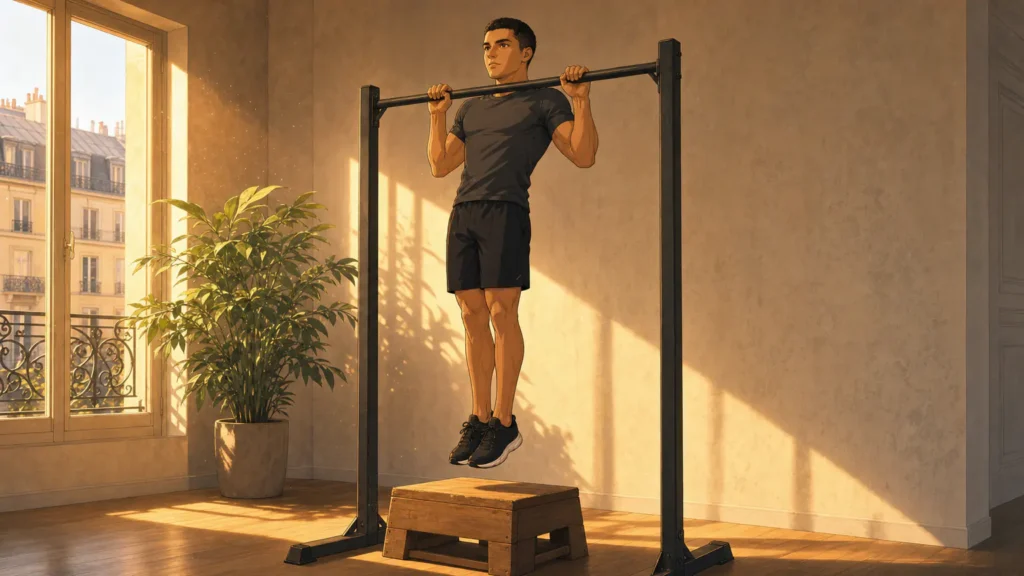 programme traction débutant 4 | WO-Calisthenics Sami au départ d'une traction négative, menton au-dessus de la barre, marchepied sous lui