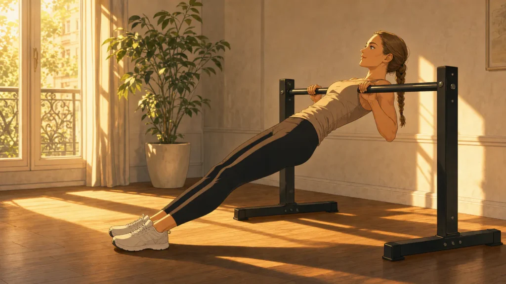 programme traction débutant 3 | WO-Calisthenics Léa en traction australienne sous une barre basse, corps gainé et aligné, poitrine près de la barre