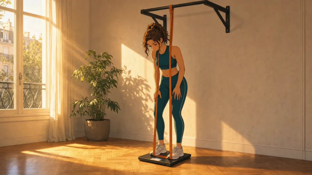 traction avec élastique 3 | WO-Calisthenics Naïa mesure sur une balance l'aide que lui donne son élastique de traction