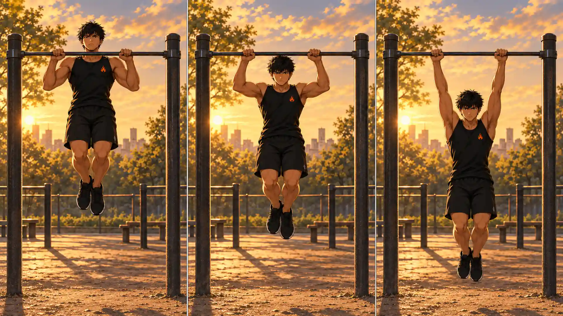 traction négative 3 | WO-Calisthenics Kaï montre trois positions de la traction négative : départ menton au-dessus, mi-descente, puis bras tendus.