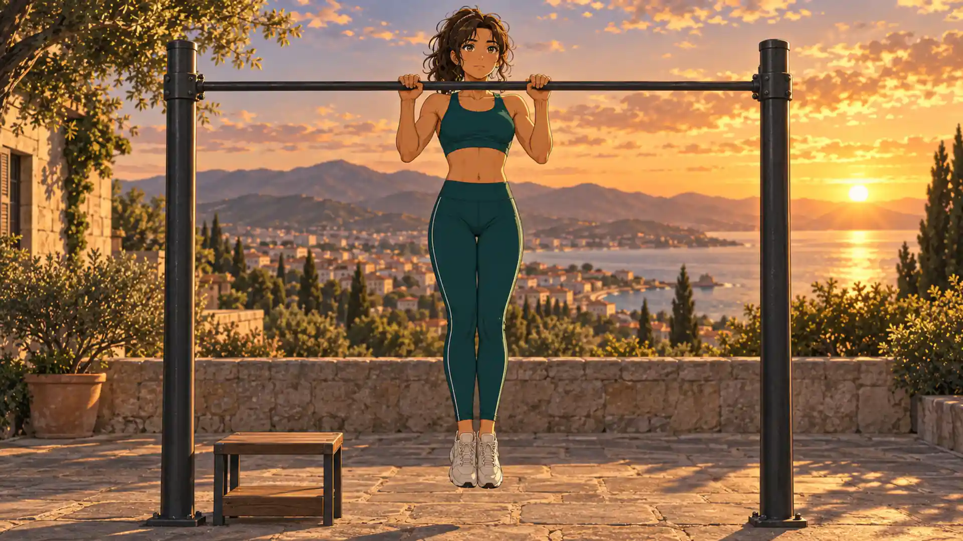 traction négative 4 | WO-Calisthenics Naïa vue de face tient le menton au-dessus de la barre avant une traction négative, sans élan.