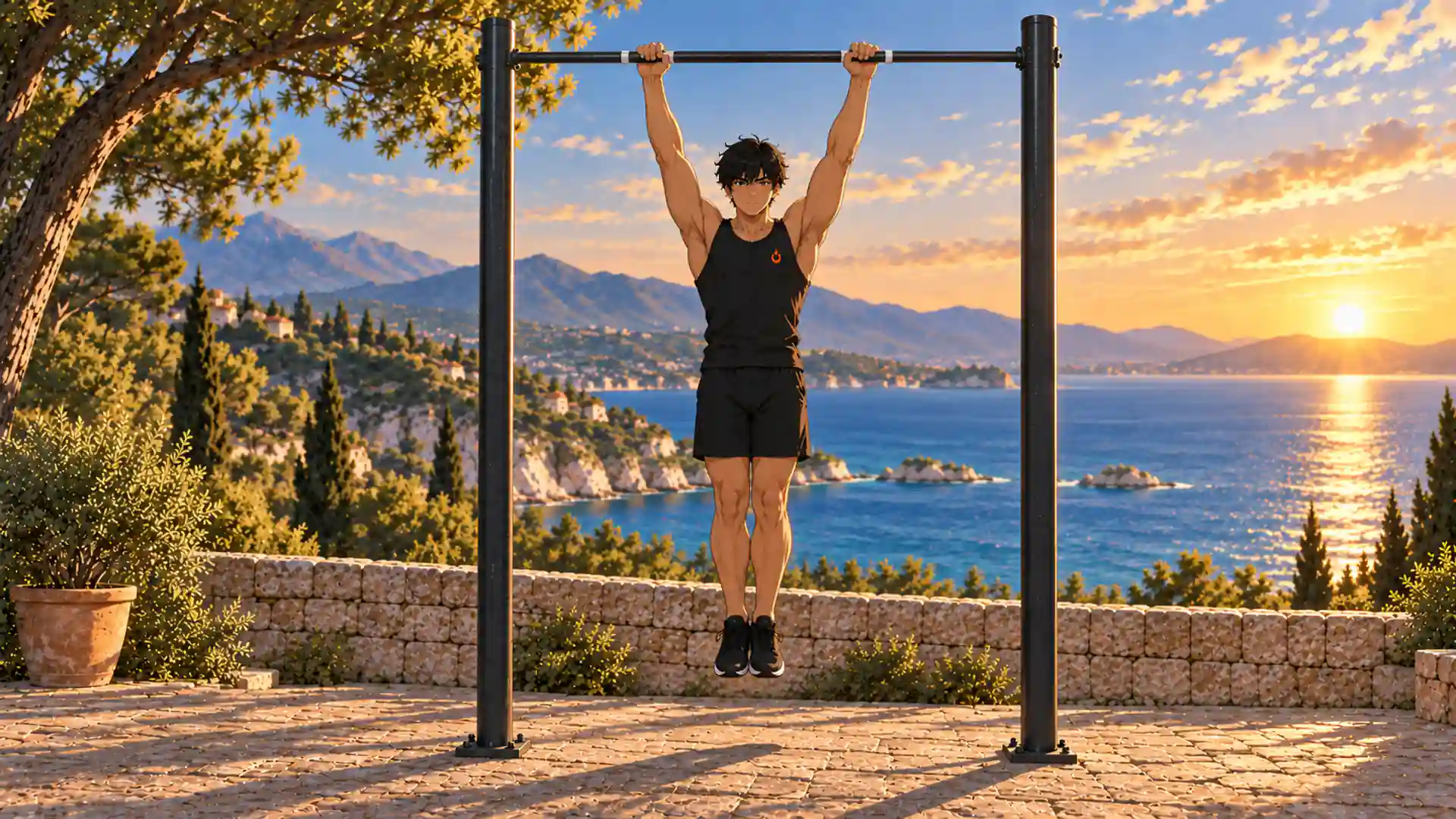 Kaï en suspension active, bras tendus, mains en pronation légèrement plus larges que les épaules et pieds dégagés du sol.
