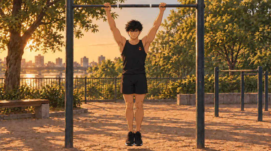 traction pronation 3 | WO-Calisthenics Kaï en suspension active en pronation, mains plus larges que les épaules repérées sur la barre.