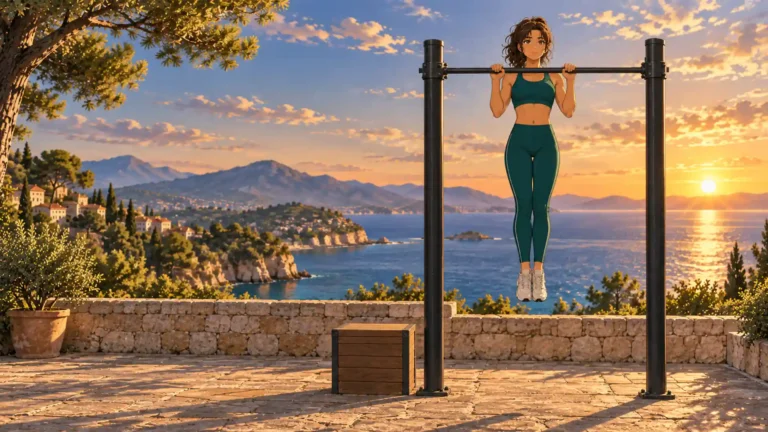 Naïa tient la position haute d’une traction en pronation, menton au-dessus de la barre et pieds décollés du sol.