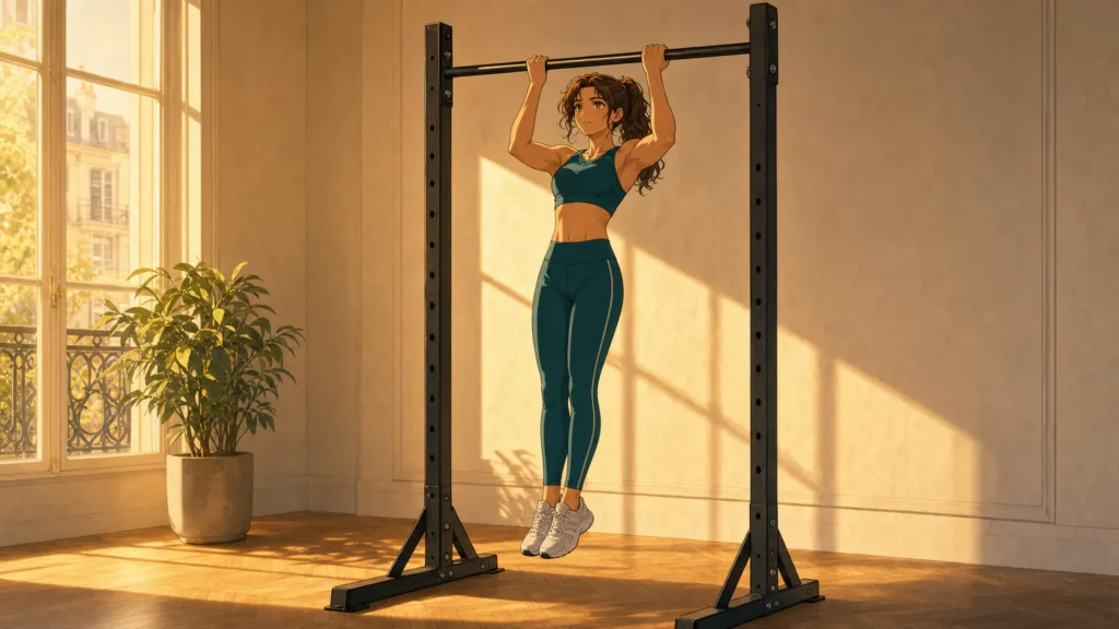 traction supination 1 | WO-Calisthenics Naïa à mi-hauteur d'une traction supination, coudes ramenés vers les hanches et épaules basses