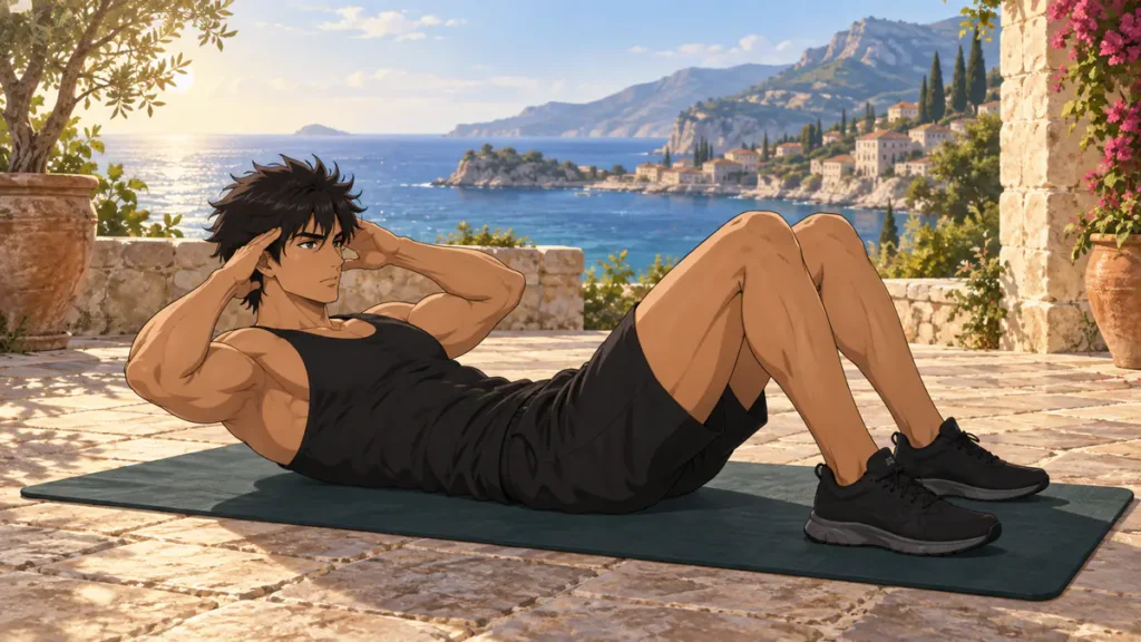 abs workout 2 | WO-Calisthenics Kaï en crunch sur un tapis, séance d'abdos de 10 minutes