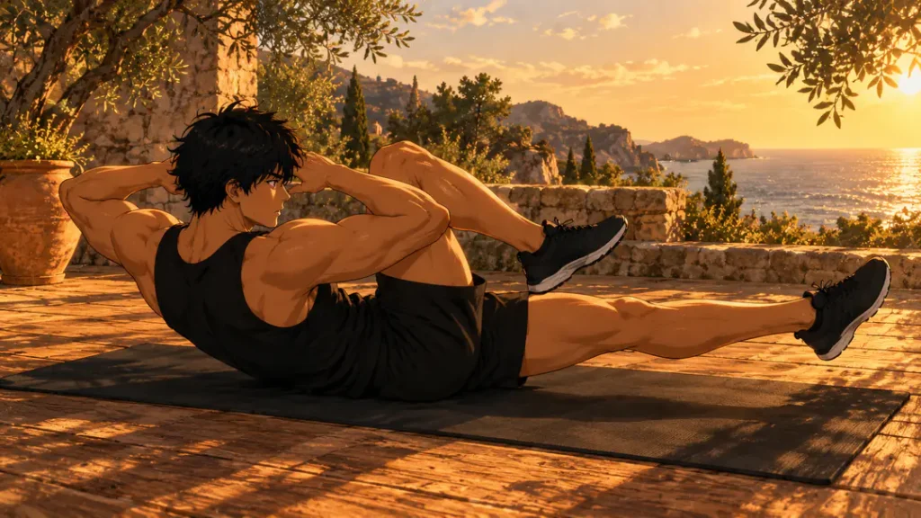 abs workout 14 | WO-Calisthenics Kaï en crunch bicyclette, coude vers le genou opposé