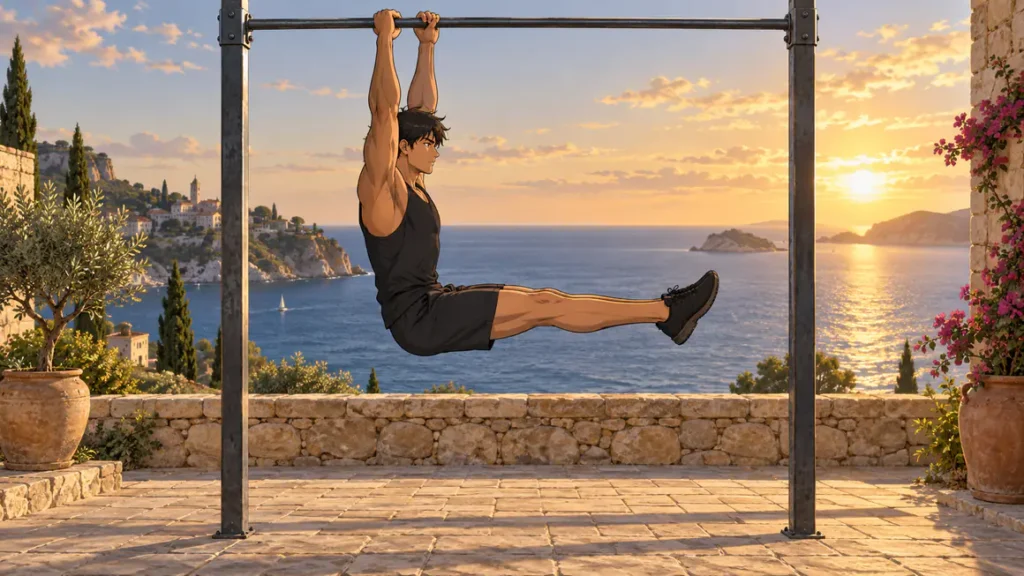 abs workout 6 | WO-Calisthenics Kaï en hanging leg raise, jambes tendues à l'horizontale sous la barre