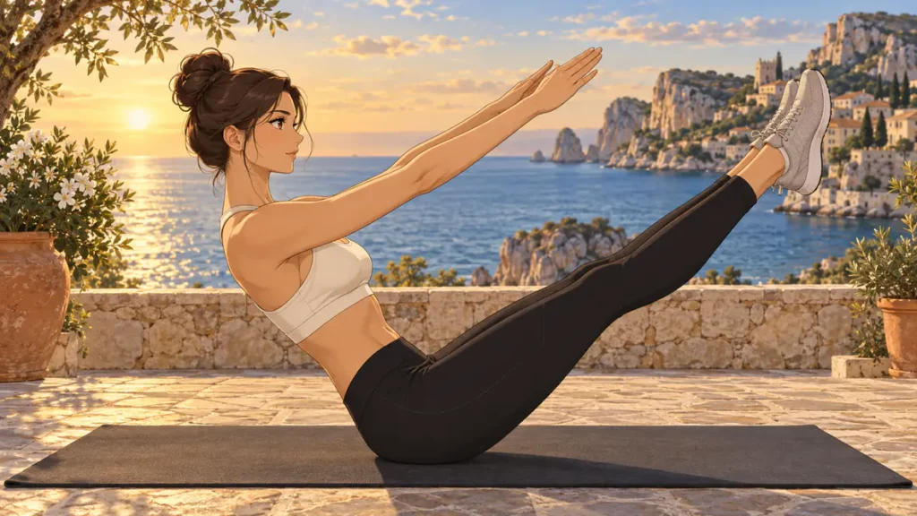 abs workout 5 | WO-Calisthenics Léa tient un V-sit, jambes tendues et buste relevé