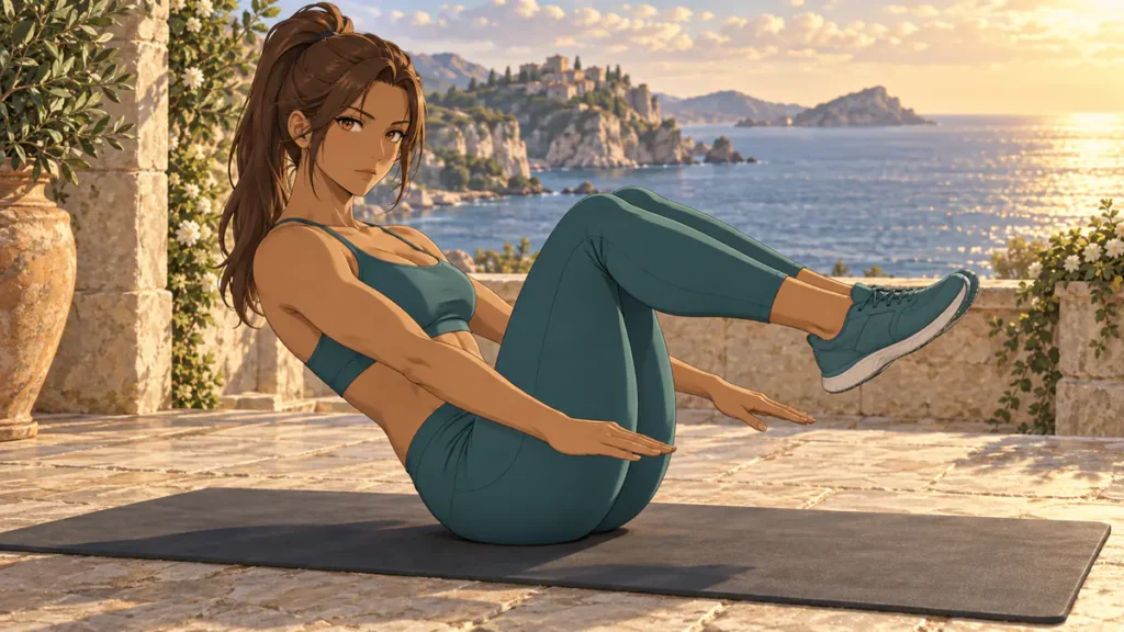 abs workout 4 | WO-Calisthenics Naïa en tuck crunch, genoux ramenés vers la poitrine et pieds décollés