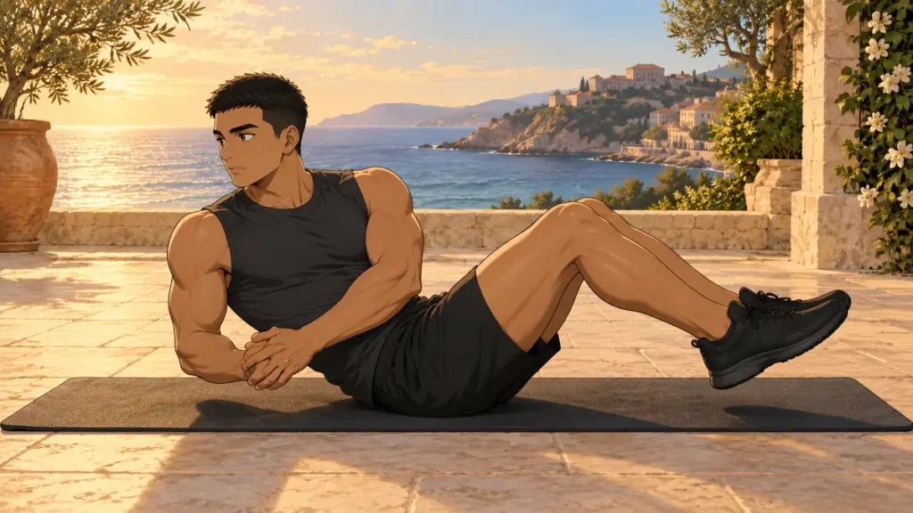 abs workout 12 | WO-Calisthenics Sami en russian twist au poids du corps, pieds décollés