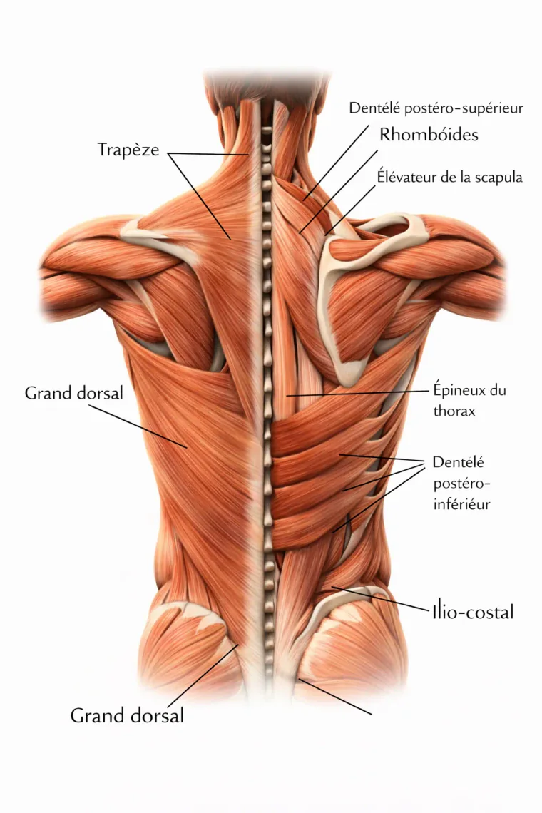 exercices dos sans matériel 3 | WO-Calisthenics Schéma de l'anatomie du dos et de ses principaux muscles