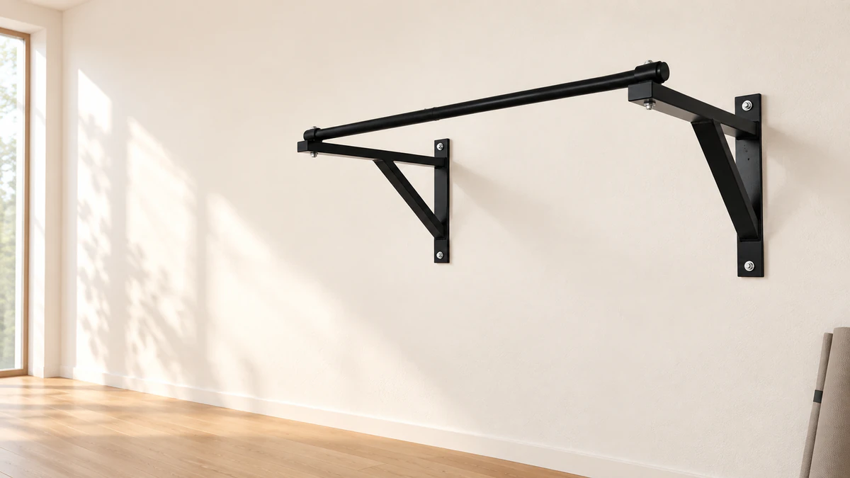 Barre de traction murale noire fixée par quatre boulons dans un mur blanc, dans un salon lumineux au parquet clair