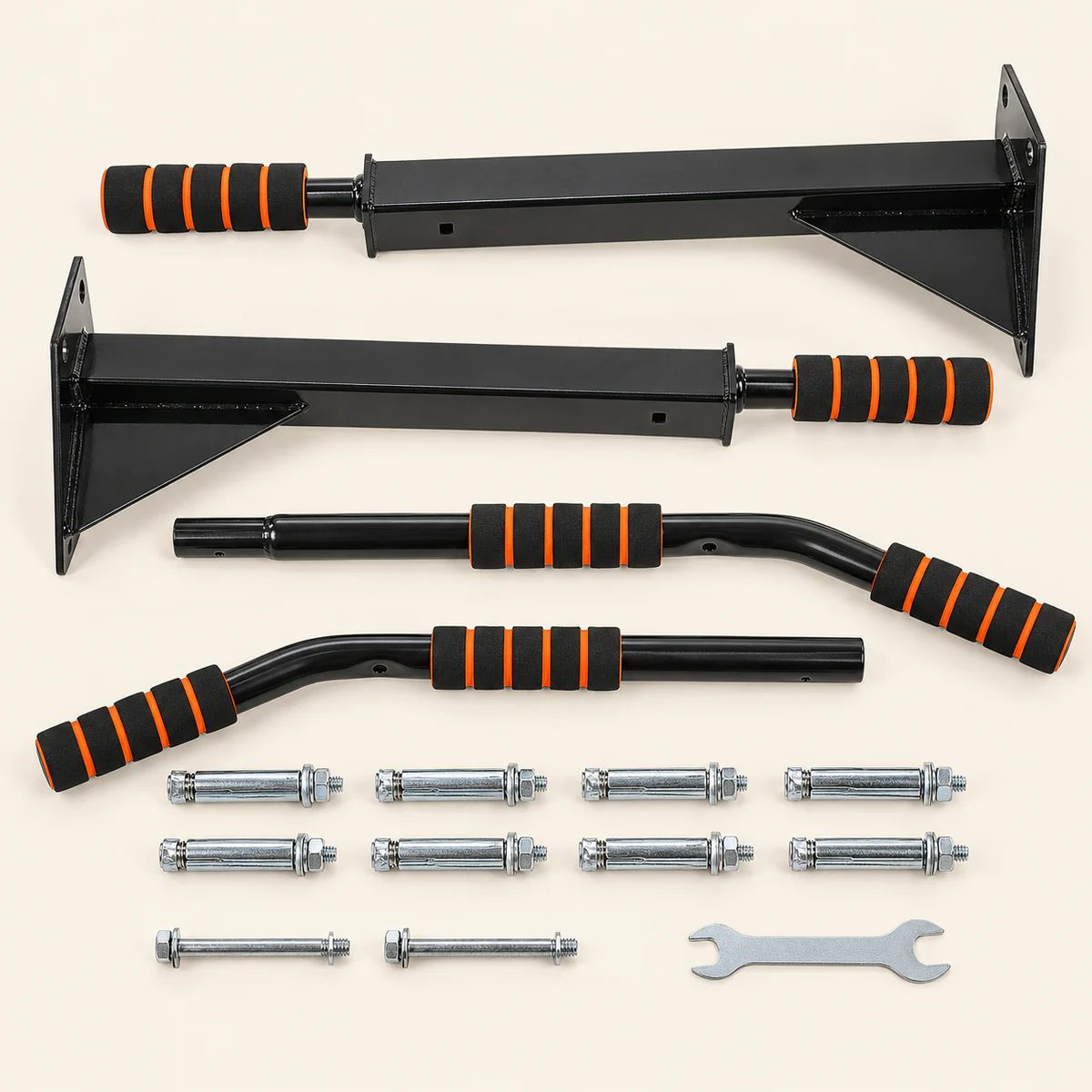 barre de traction murale multigrip 4 | WO-Calisthenics Contenu du colis de la barre Multigrip posé à plat : deux bras à platine et poignée neutre, deux demi-barres coudées, huit chevilles, deux boulons et une clé plate