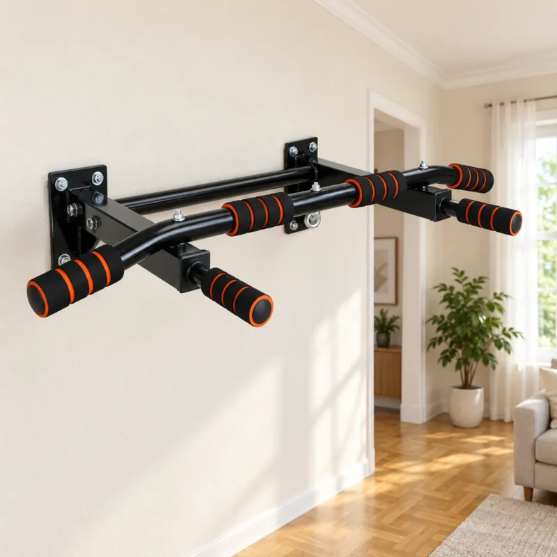 barre de traction murale multigrip 7 | WO-Calisthenics Barre de traction murale Multigrip fixée au mur d'un salon lumineux, plaques à plat et barre de niveau, vue de trois quarts