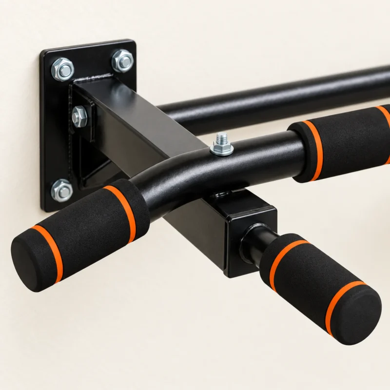 Côté de la barre de traction murale Multigrip : bout coudé et poignée neutre en mousse noire à bandes orange, bras à renfort soudé et plaque murale, vue rapprochée