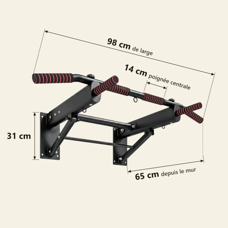 Schéma des cotes de la barre de traction murale pliable Fold Grip : 98 cm de large, 65 cm de profondeur depuis le mur, plaques de fixation de 31 cm de haut, poignée centrale de 14 cm