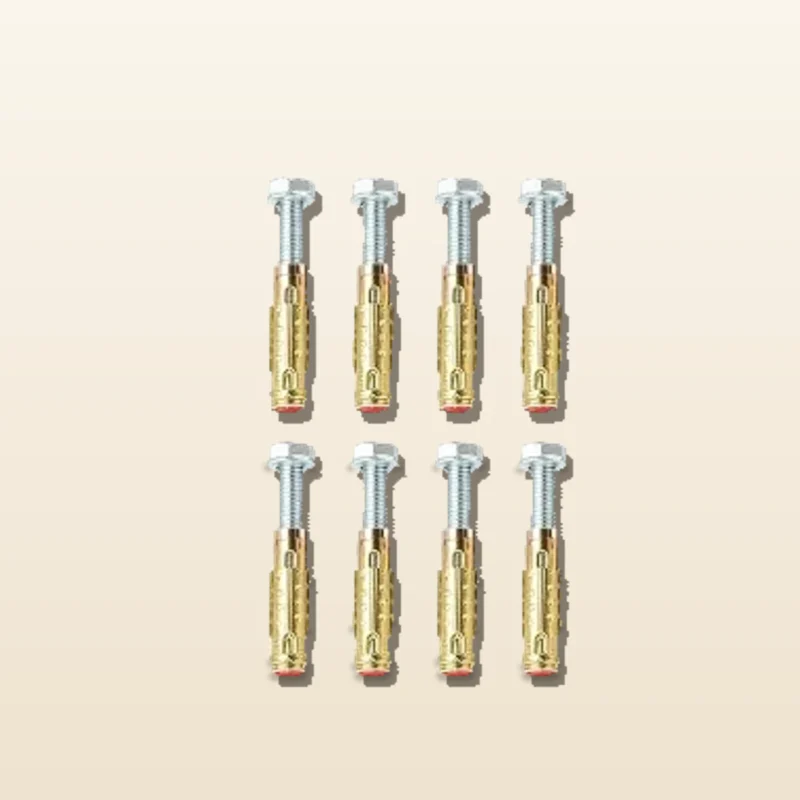 Les 8 chevilles à expansion fournies avec la barre de traction murale pliable Fold Grip : boulon à tête hexagonale zingué, douille en laiton fendue, bout rouge, alignées sur deux rangées sur fond crème — WO-Calisthenics