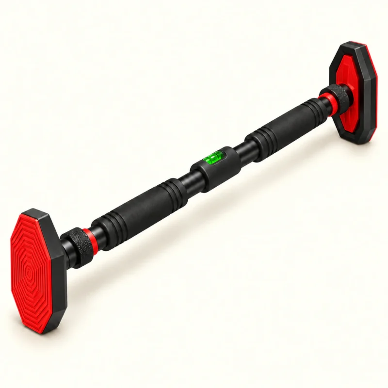 Barre de traction de porte Lock Grip seule : tube noir, deux mousses noires, niveau à bulle vert au centre, molettes de verrouillage à bague rouge et patins octogonaux rouges striés, vue de trois quarts sur fond crème