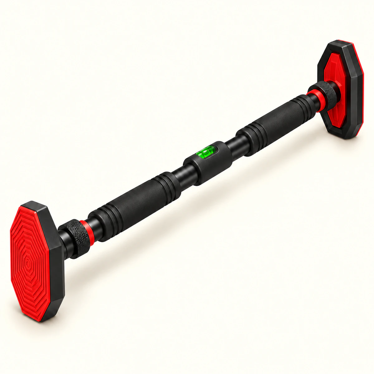 barre de traction porte sans perçage 1 | WO-Calisthenics Barre de traction de porte Lock Grip seule : tube noir, deux mousses noires, niveau à bulle vert au centre, molettes de verrouillage à bague rouge et patins octogonaux rouges striés, vue de trois quarts sur fond crème