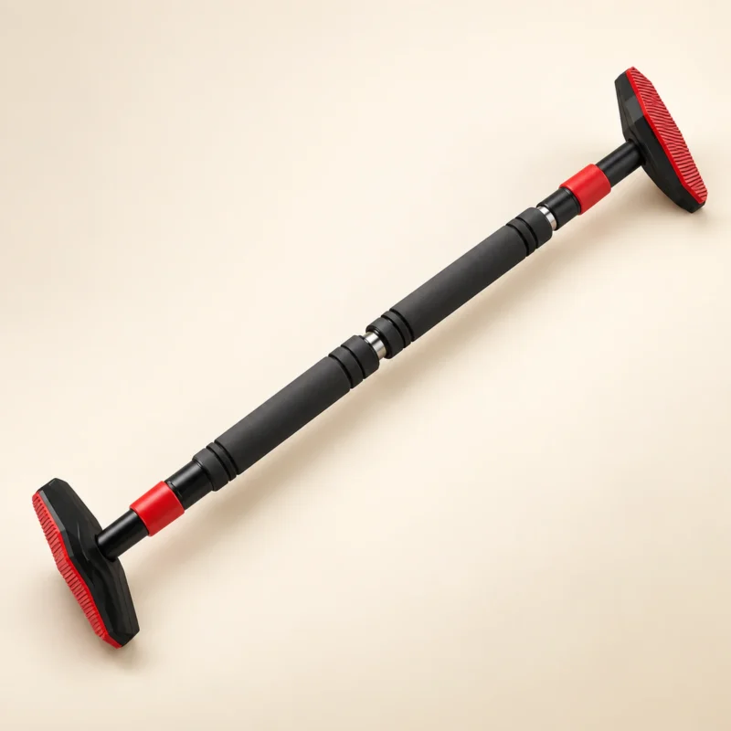 Barre de traction porte Power 500 seule : tube noir mat à prises en mousse, verrouilleur rotatif, bagues rouges et têtes en T à face rouge striée, vue de trois quarts