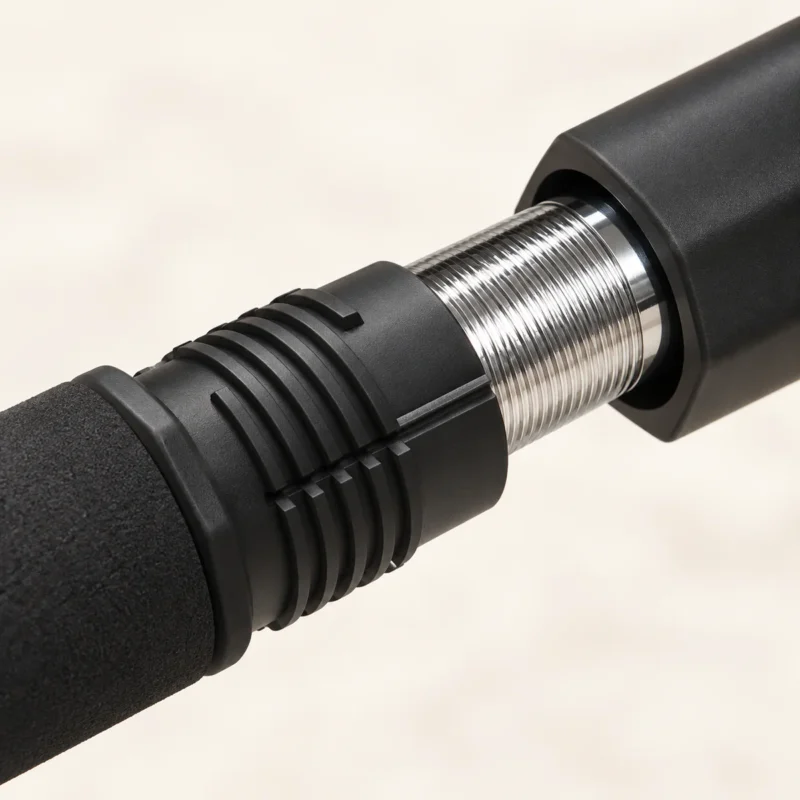 Gros plan du verrouilleur rotatif de la barre de traction porte Power 500 : bague noire nervurée et tube intérieur fileté