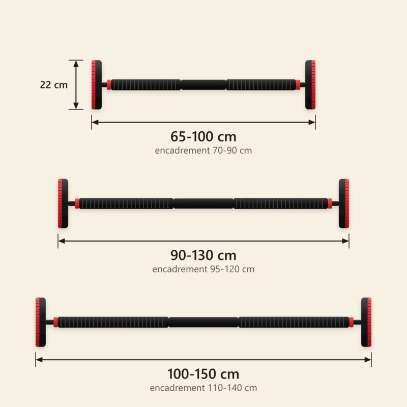 barre de traction porte 150 cm 6 | WO-Calisthenics Schéma coté des trois tailles de la barre de traction de porte réglable : 65-100, 90-130 et 100-150 cm, patins de 22 cm, encadrements de 70 à 140 cm