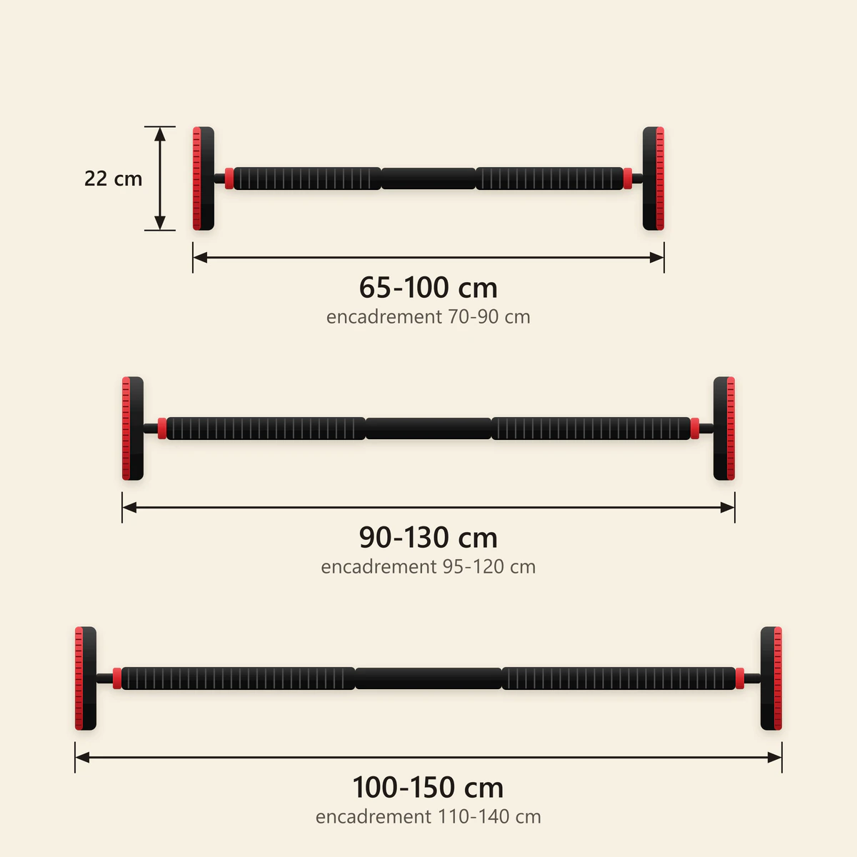 barre de traction porte 150 cm 3 | WO-Calisthenics Schéma coté des trois tailles de la barre de traction de porte réglable : 65-100, 90-130 et 100-150 cm, patins de 22 cm, encadrements de 70 à 140 cm